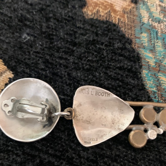 LUIS BOOTH VINTAGE STERLING BRASS & SEMI PRECIOUS STONES CLIP ON DANGLING EARING